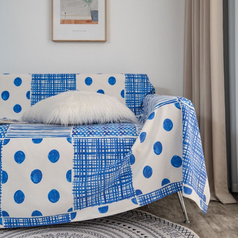 Blue Patchwork Geometry Tassel Sofa Protector