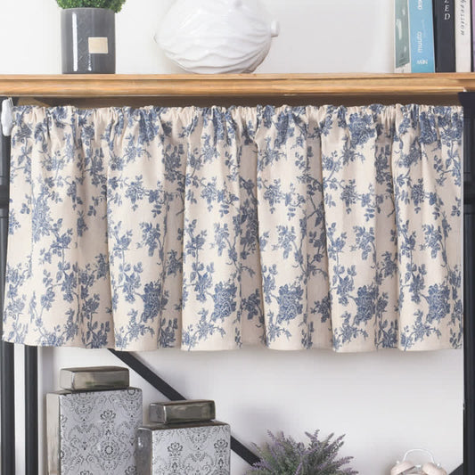 Blue Flower Print Decorative Tier Curtain