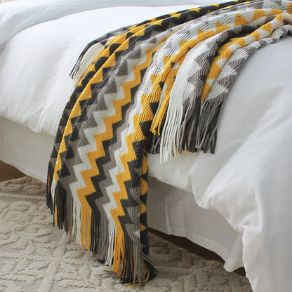 Colorful Artistic Striped Knitted Tassel Blanket