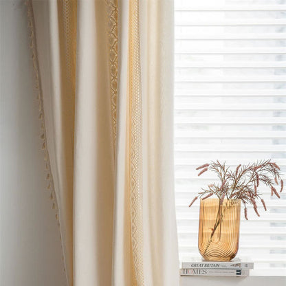 Ownkoti Beige Hollow-Out Light Filtering Tassel Curtain