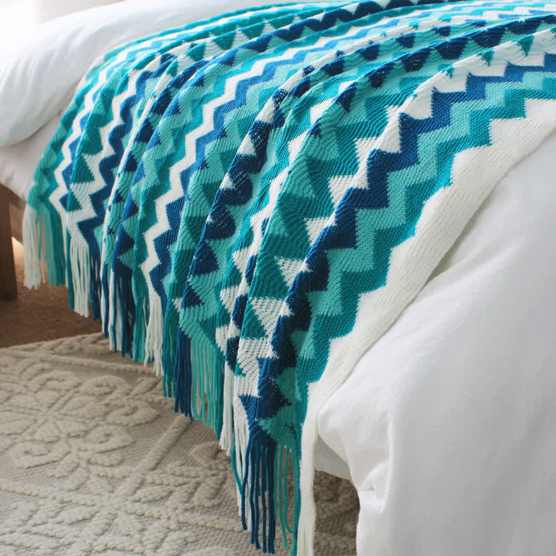 Colorful Artistic Striped Knitted Tassel Blanket