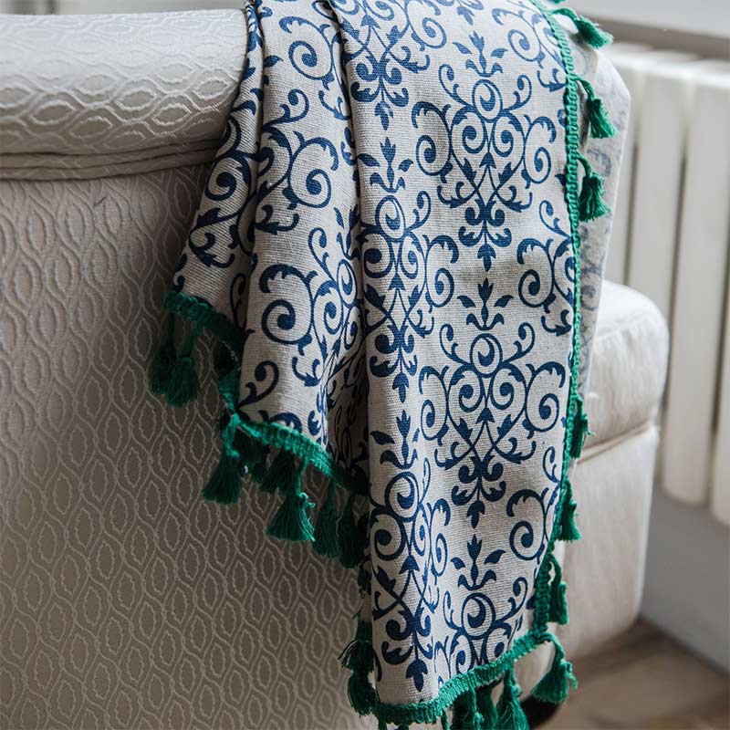Blue Pattern Green Tassel Cotton Linen Curtain