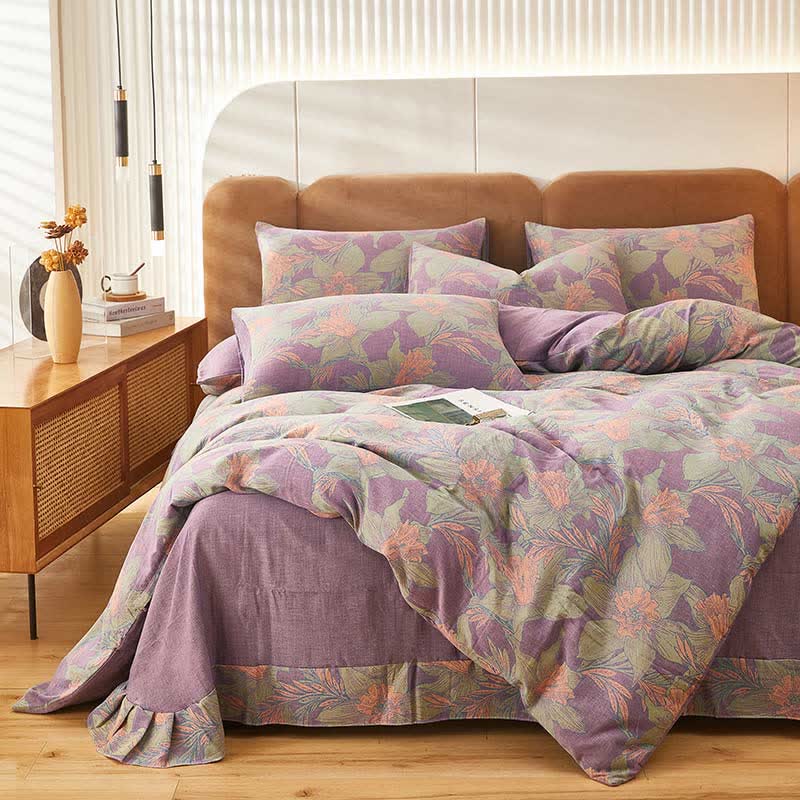 Green & Orange Floral Print Bedding Sets (4PCS) Bedding Set Ownkoti 1