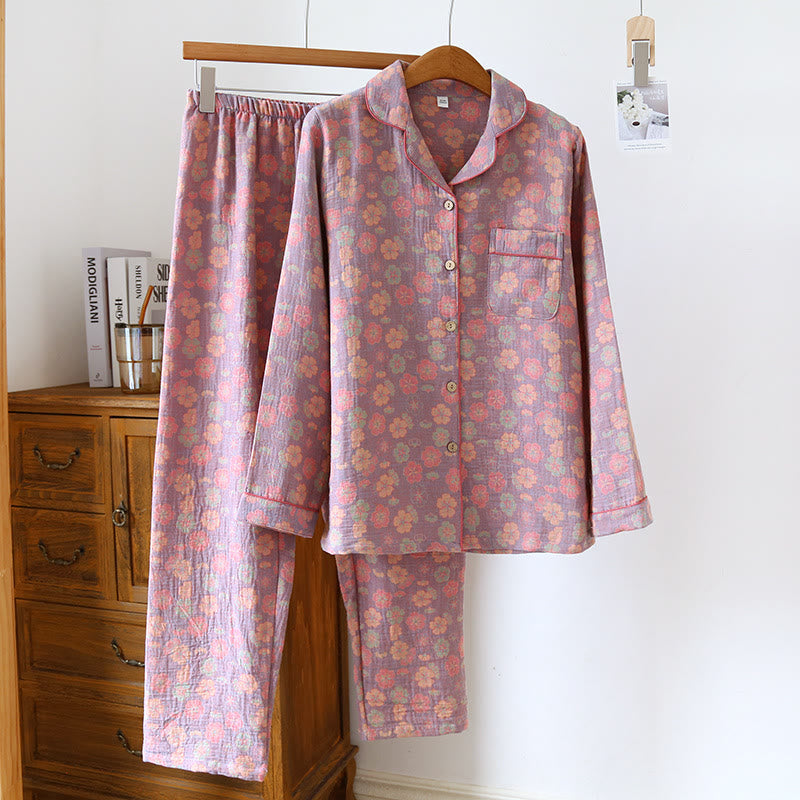 Ownkoti Plum Blossom Button Cotton Loungewear Set