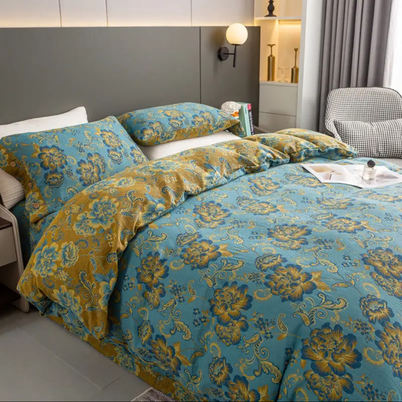 Flower Print Blue Cotton Bedding Sets(4PCS)