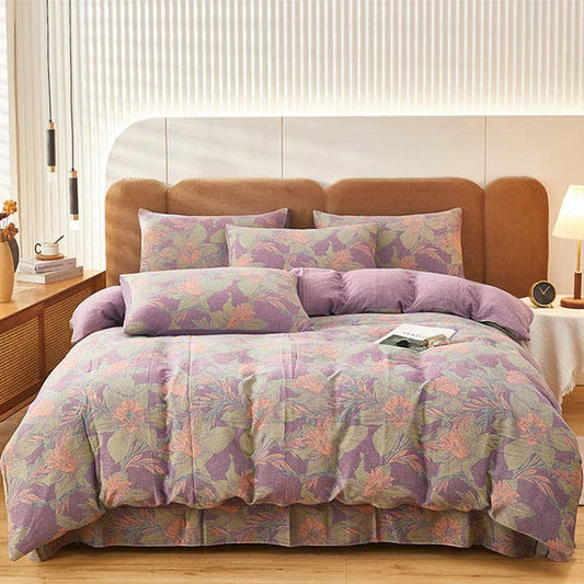 Green & Orange Floral Print Bedding Sets (4PCS) Bedding Set Ownkoti Purple & Green King