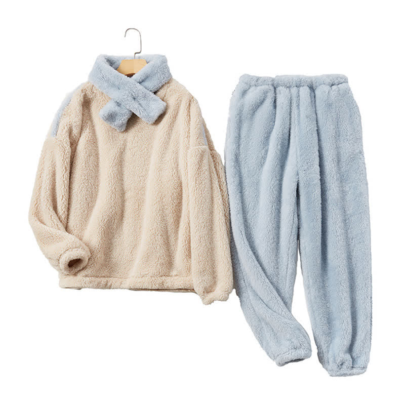 Simple Round-neck Warm Fleece Pajama Set