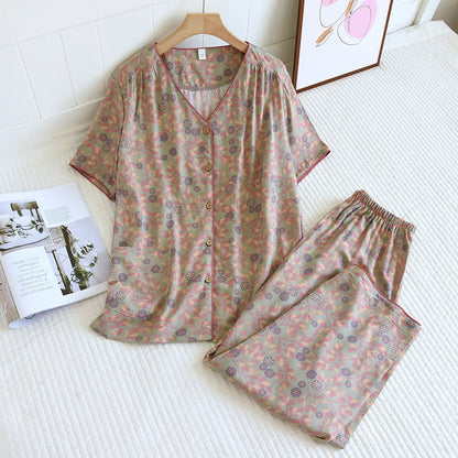 Floral Print Cotton Silk Loungewear Set Loungewear Ownkoti Green XL