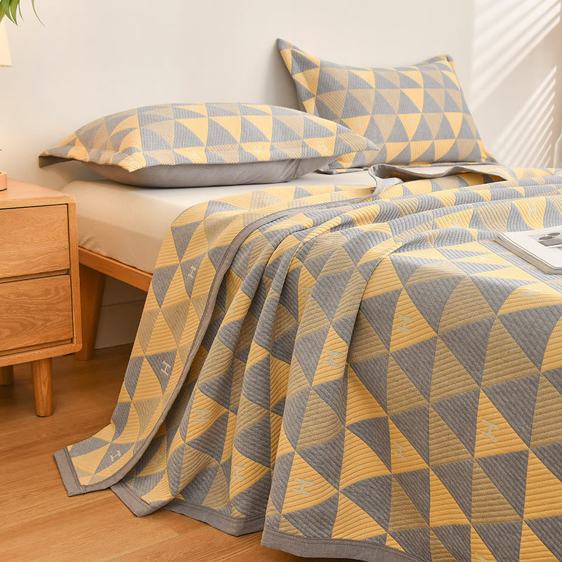 Ownkoti Triangle Pattern Gray & Yellow Cotton Quilt