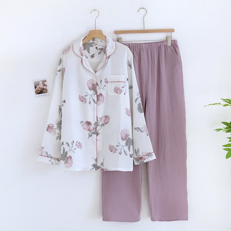 Double Layer Cotton Gauze Lapel Pajama Set