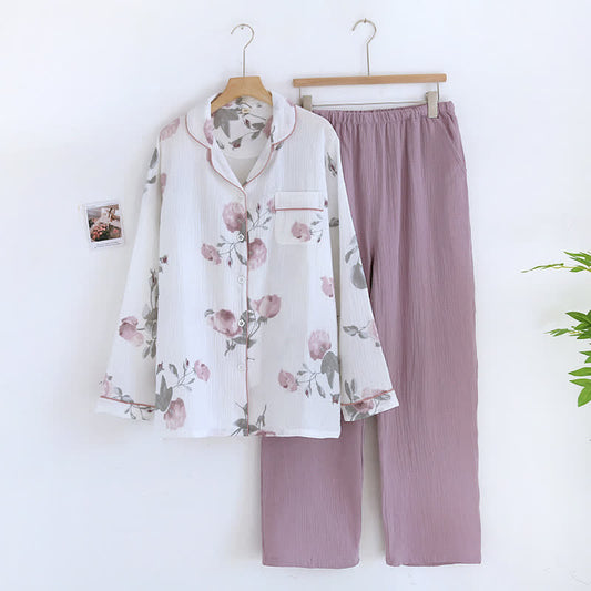 Double Layer Cotton Gauze Lapel Pajama Set