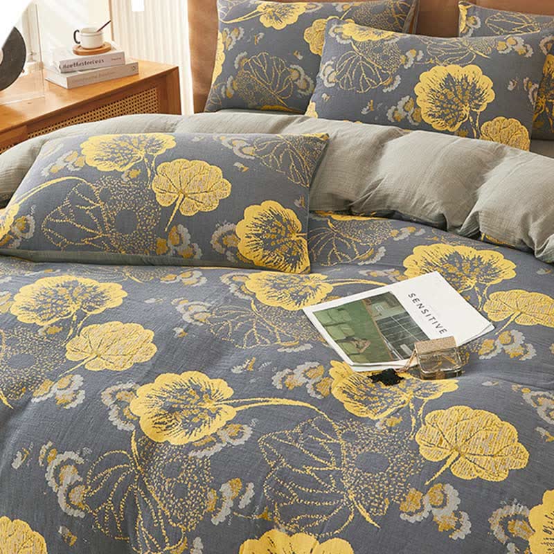 Yellow Leaf Print Cotton Bedding Sets (4PCS) Bedding Set Ownkoti 1
