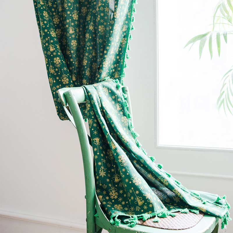 Green Christmas Cotton Linen Tassels Curtain