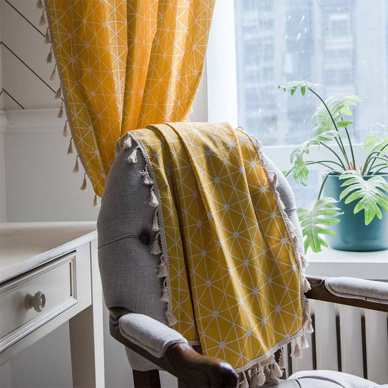 Yellow Plaid Translucent Curtains with Tassels