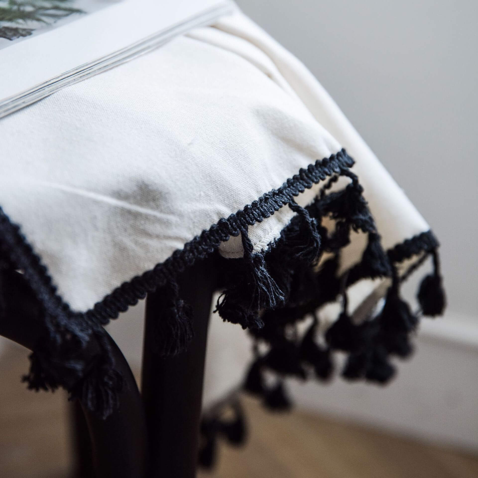Cotton Linen Beige Curtain with Black Tassel