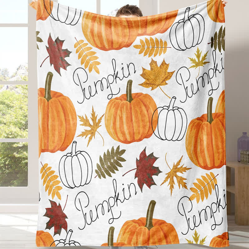 Halloween Cartoon Pumpkin & Leaf  Flannel Blanket