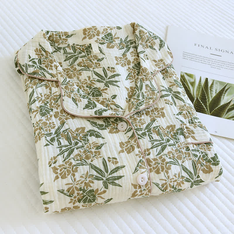 Vivid Leaf Cotton Lapel Pajama Set