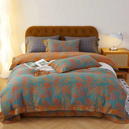 Leaf Button Duvet Cover Bedsheet & Pillowcases (4PCS) Bedding Set Ownkoti Blue & Yellow King