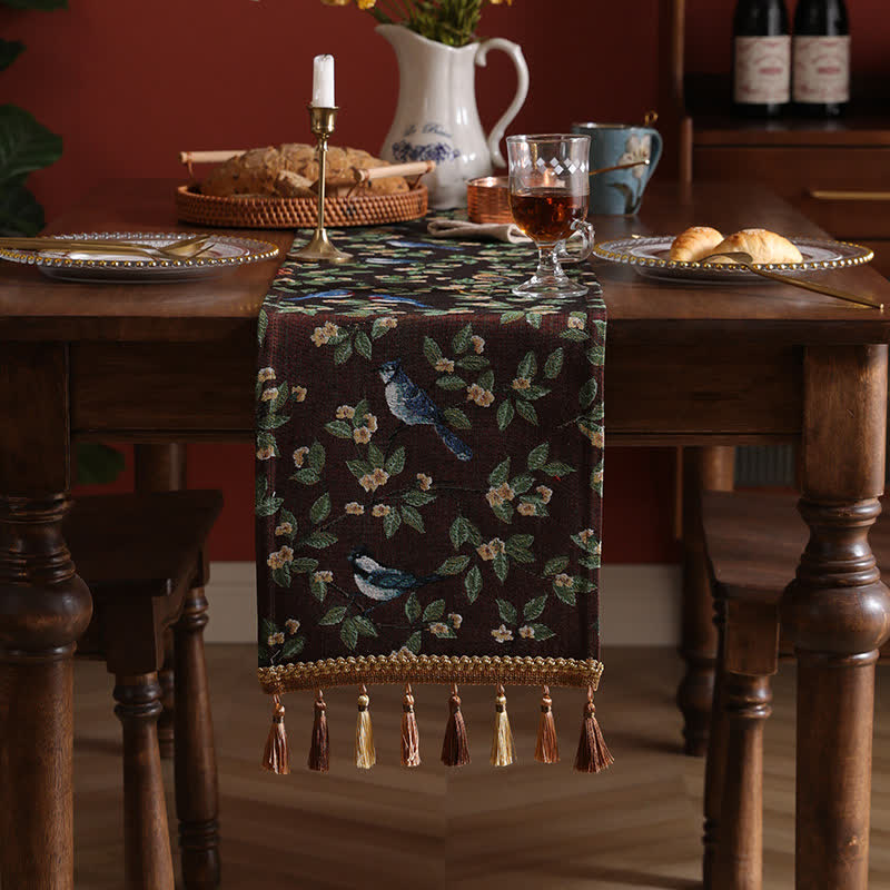 Rural Style Table Runner With Flower & Bird Tablecloth Ownkoti Coffe & Green 12" x  86"