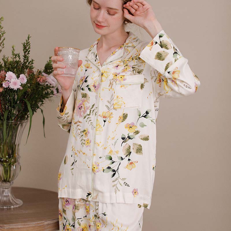 Retro Flower Satin Pajama Set Pocket Sleepwear