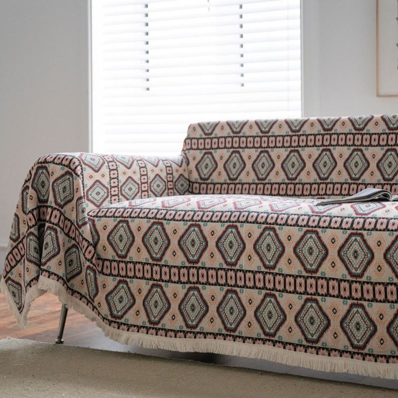 Simple Rhombus Pattern Tassel Sofa Protector