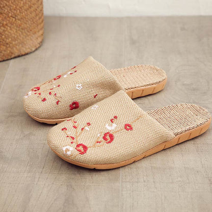 Embroidered Plum Bossom Comfy Flax Slippers
