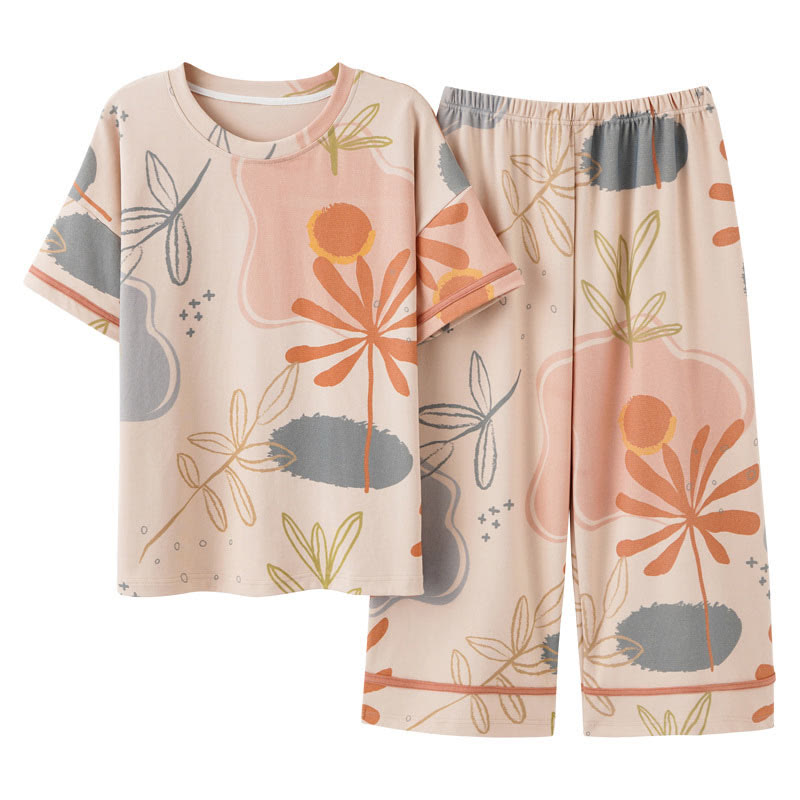 Flower Leaf Print Cotton Loungewear Set