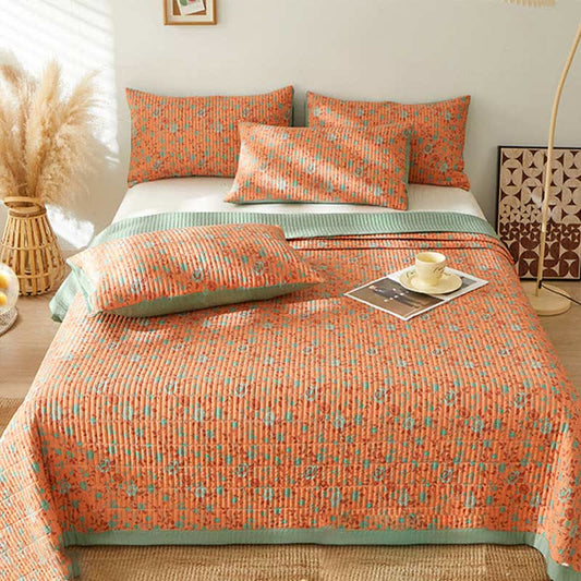 Garden Style Coverlet Blanket with Rose Coverlets Ownkoti Orange & Light Green 1PC Quilt with 2PCS Pillowcases King