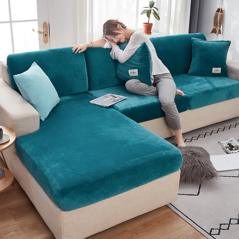Ownkoti Suede Solid Color Elastic Sectional Sofa Slipcover Sofa Cover Ownkoti Blue Back Cushion Cover M