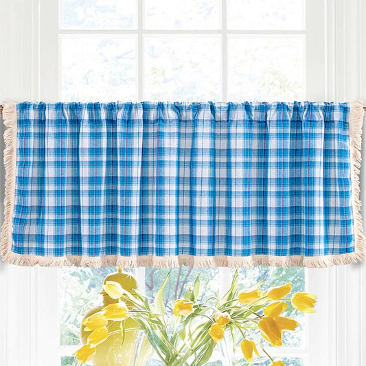 Classic Blue Plaid Tassel Tier Curtain