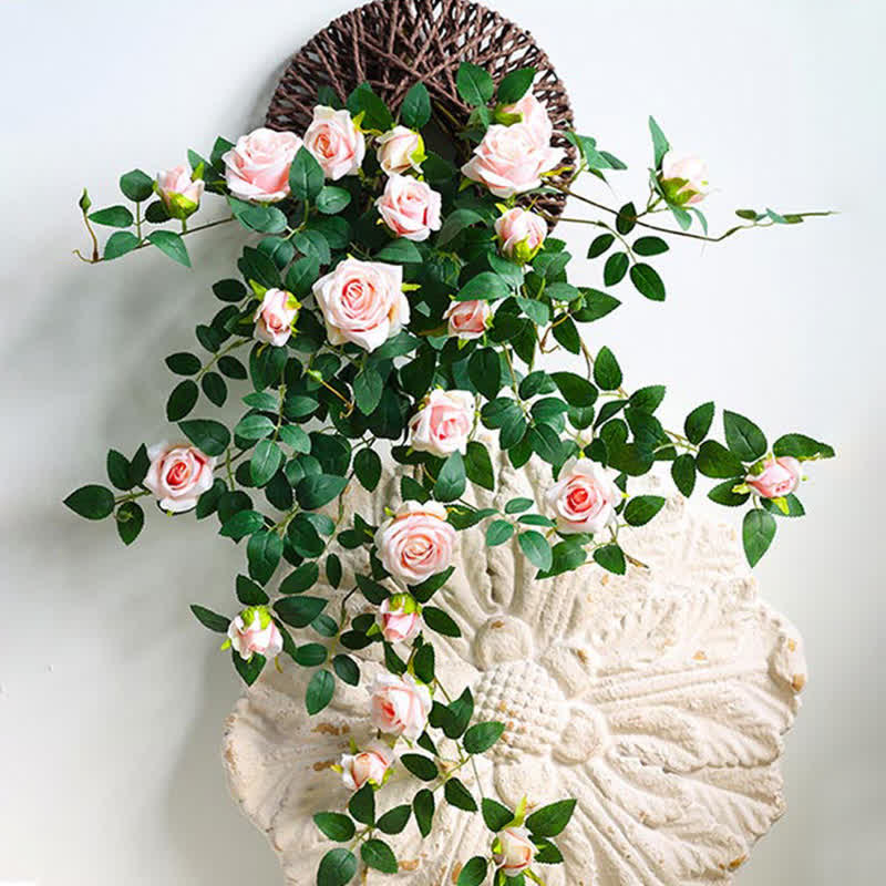 Faux Vine Roses Hanging Wall Decor Decor Ownkoti Pink 1 Rose Rattan & 1 Basket