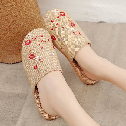 Embroidered Plum Bossom Comfy Flax Slippers