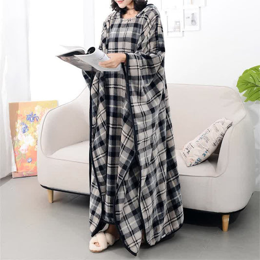 Grid Warm Long Hooded Shawl Blanket