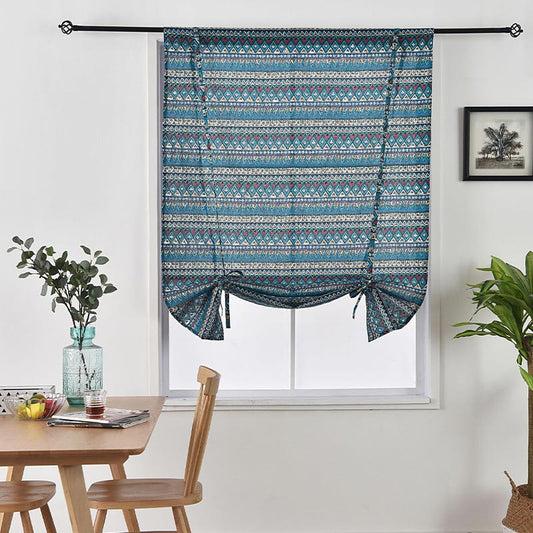 Blue Pattern Tier Curtain with Fixed Rope