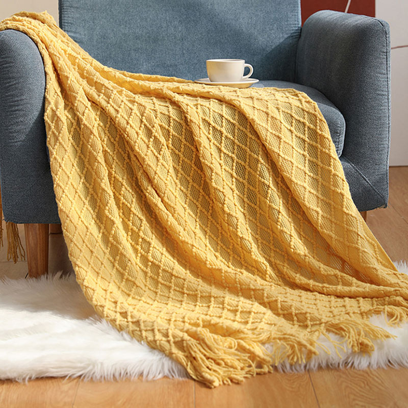 Knitted Prismatic Pattern Blanket with Tassels
