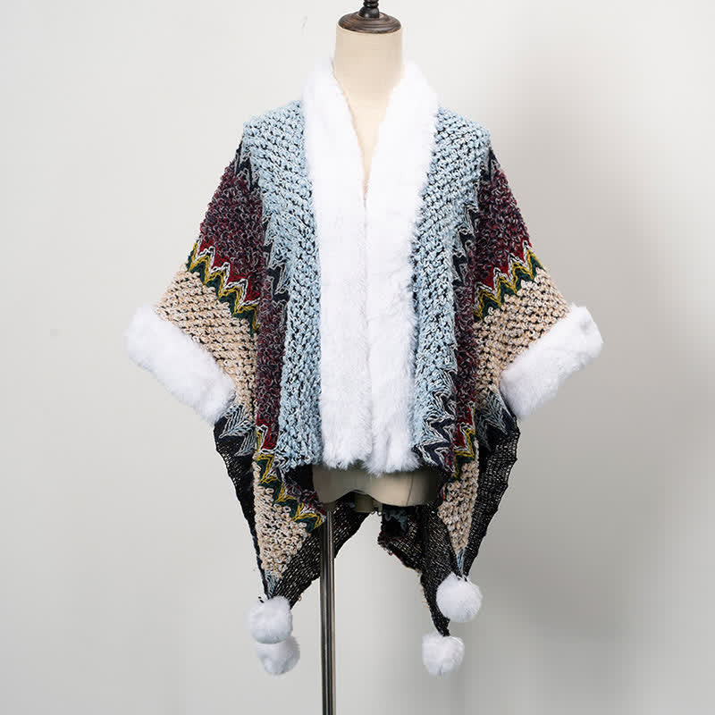Knitted Warm Fur Collar Fleece Shawl Wrap