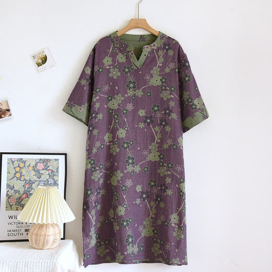 Plum Blossom V-neck Soft Cotton Nightdress Loungewear Ownkoti Purple L