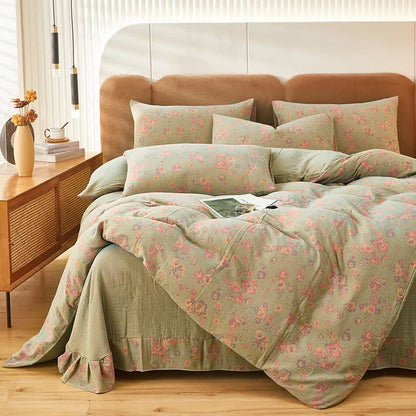 Flower Cotton Duvet Cover Bedsheet & Pillowcases (4PCS) Bedding Set Ownkoti Green King