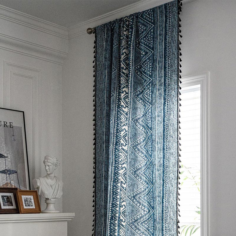 Blue Geometric Pattern Light Filtering Curtain