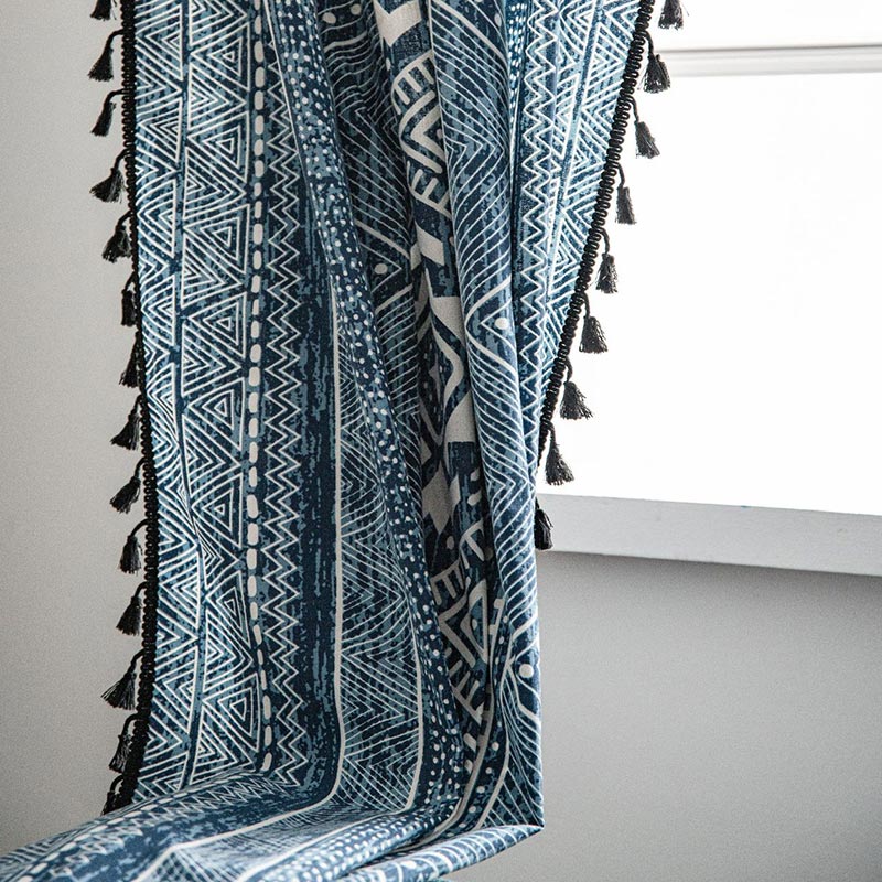 Blue Geometric Pattern Light Filtering Curtain