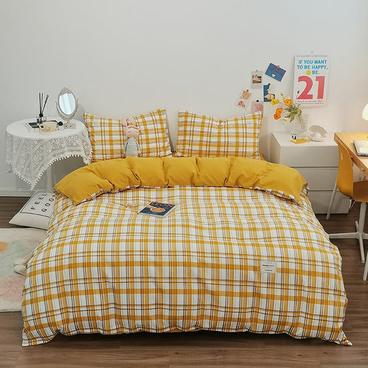Yellow Plaid Quilt Cover Bedsheet & Pillowcases (4PCS) Bedding Set Ownkoti main