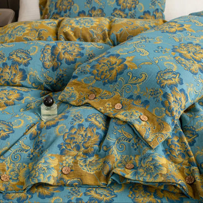 Flower Print Blue Cotton Bedding Sets(4PCS)