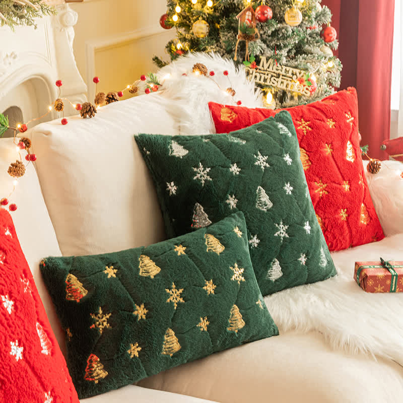 Christmas Tree & Snowflake Embroidered Plush Pillowcase