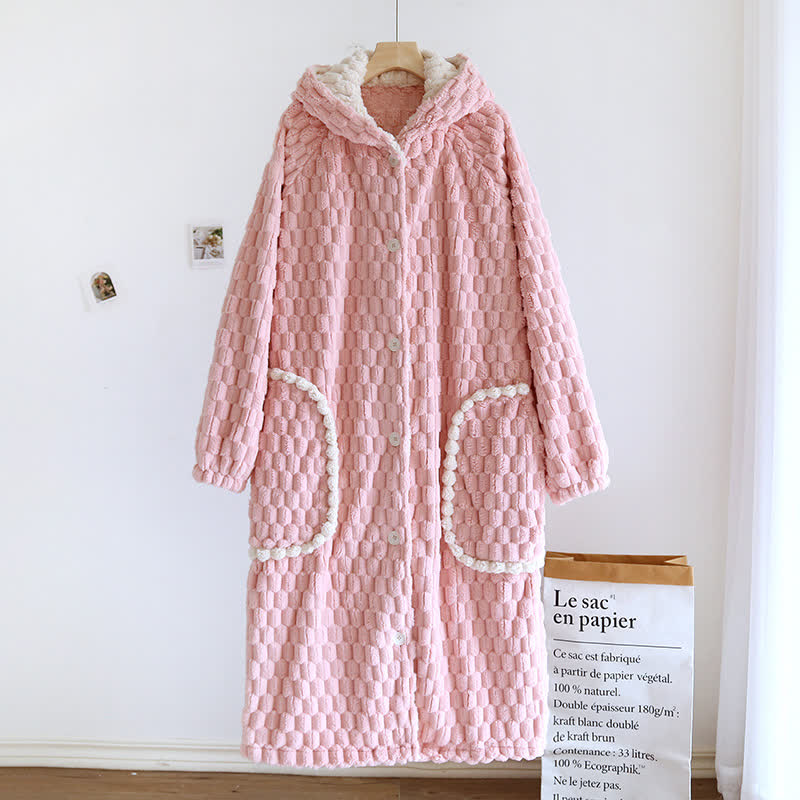 Solid Color Warm Flannel Hooded Bathrobe