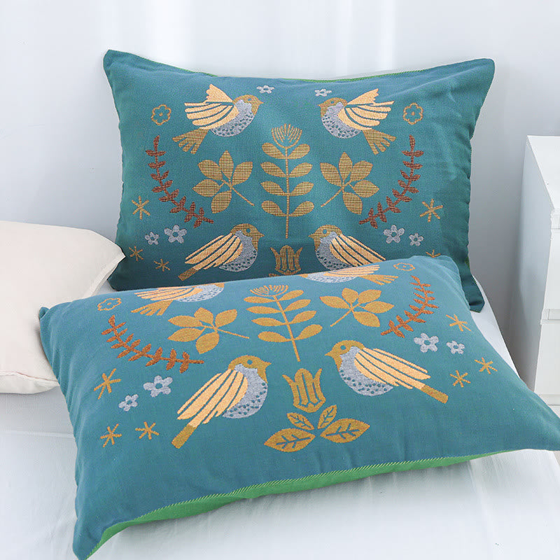 Boho Flower Bird Cotton Gauze Pillowcases (2pcs)