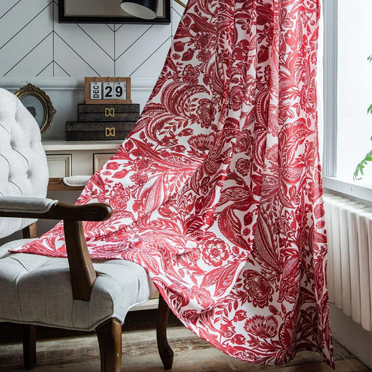 Ownkoti Baroque Style Red Flower Light Filtering Curtain
