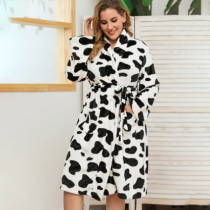 Plus Size Cow Pattern Flannel Warm Bathrobe