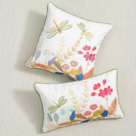 Ownkoti Rural Dragonfly Flower Pattern Embroidered Pillowcase