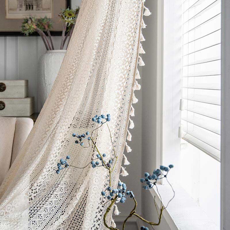 Cotton Beige Curtain Hollow-Out Tassel Drapes Curtains Ownkoti 1