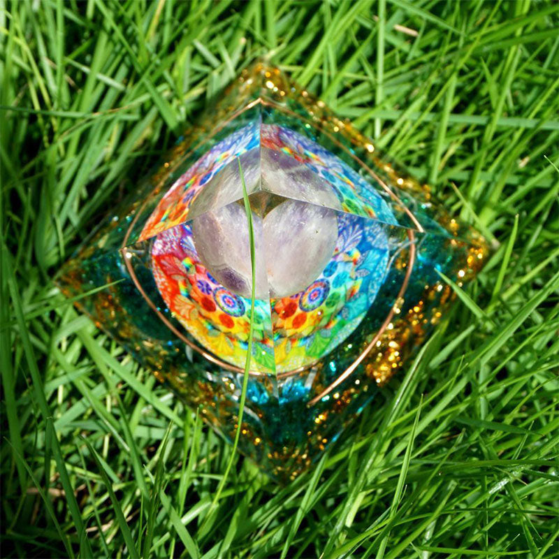 Amethyst Crystal Sphere with Blue Quartz Orgone Pyramid